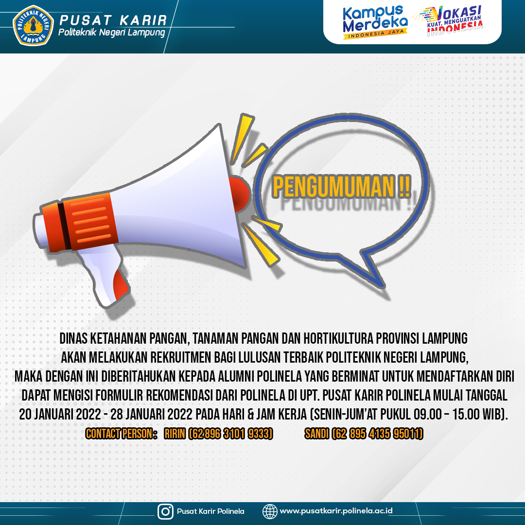 Dinas KPTPH Provinsi Lampung Akan Melakukan Rekruitment Bagi Lulusan Terbaik Polinela